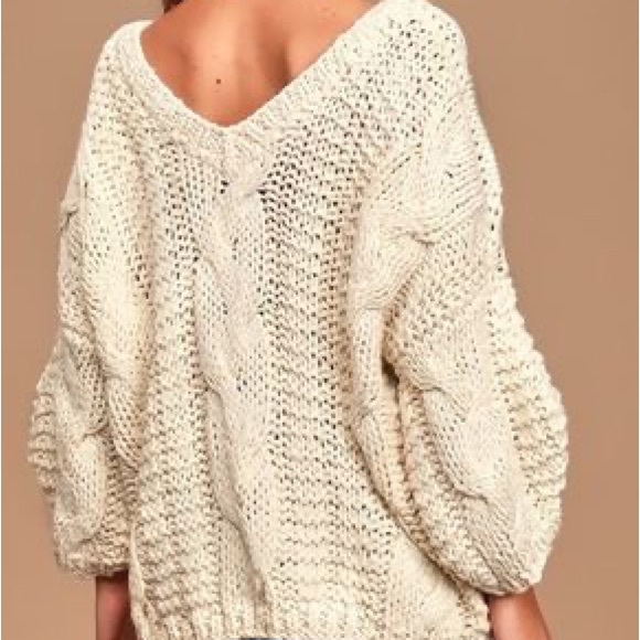 Beige Cable Knit Balloon Sleeve Sweater - Picture 3 of 6
